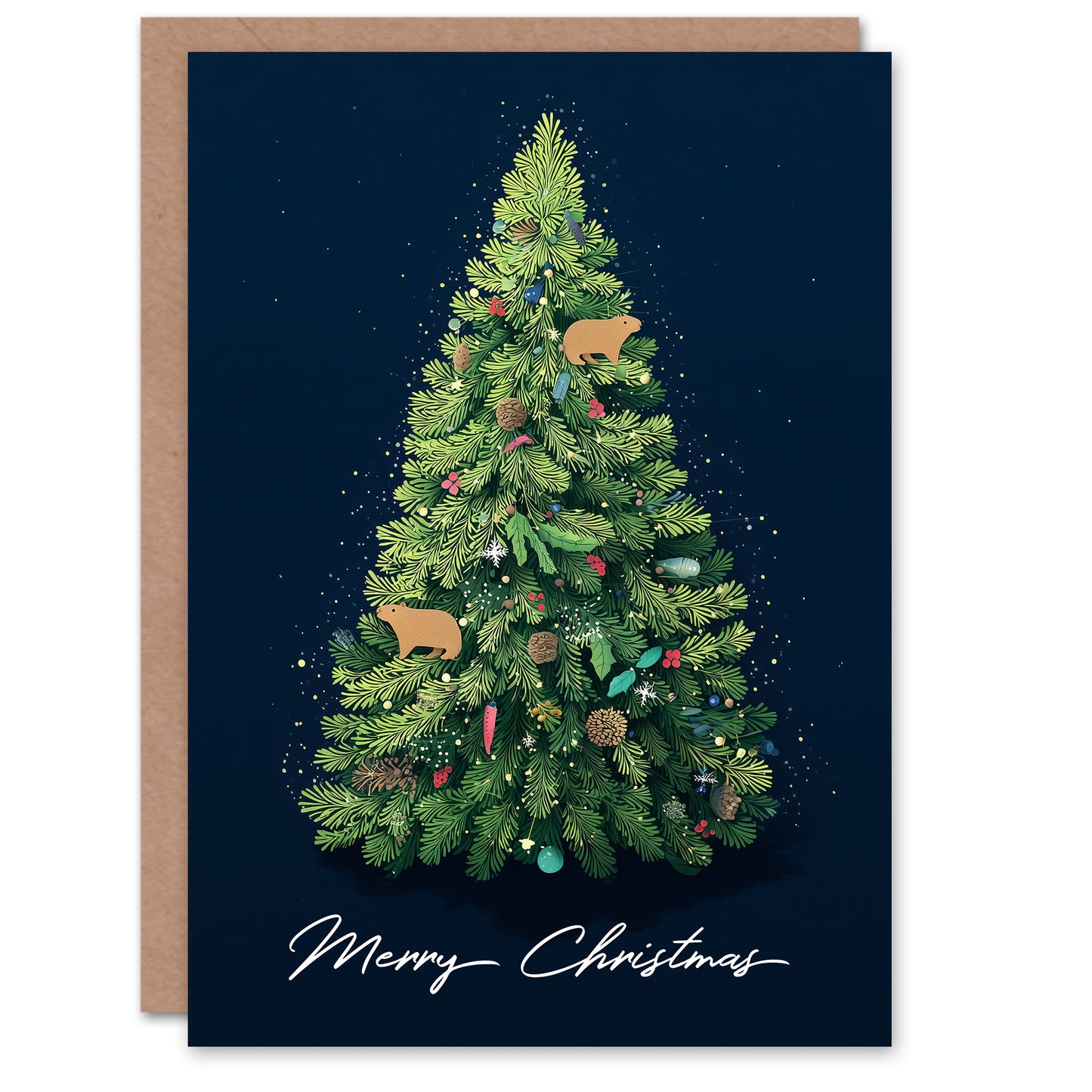 Christmas Card Decorated Tree with Two Capybaras Ornaments