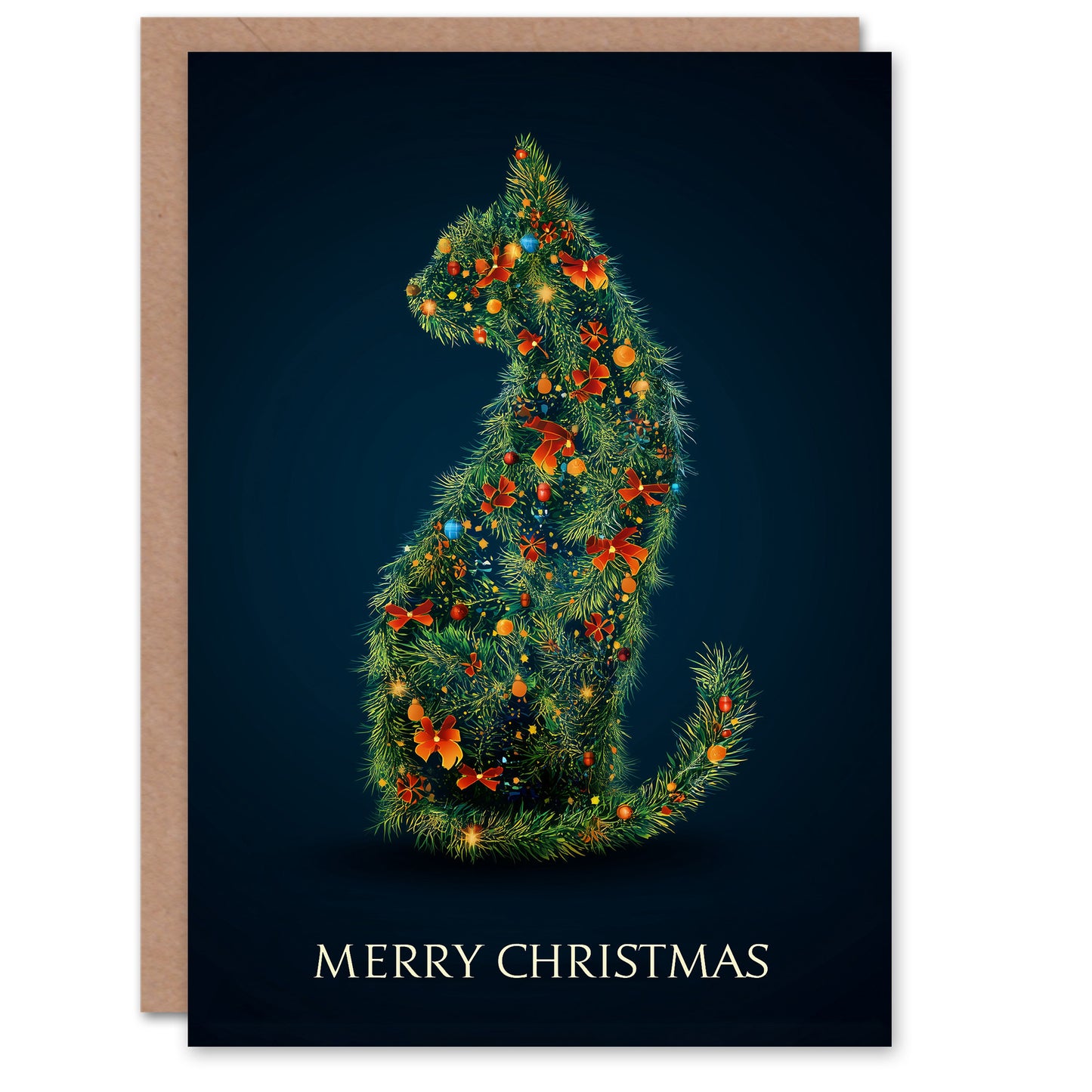 Christmas Card Cat Silhouette Colourful Decorated Christmas Tree