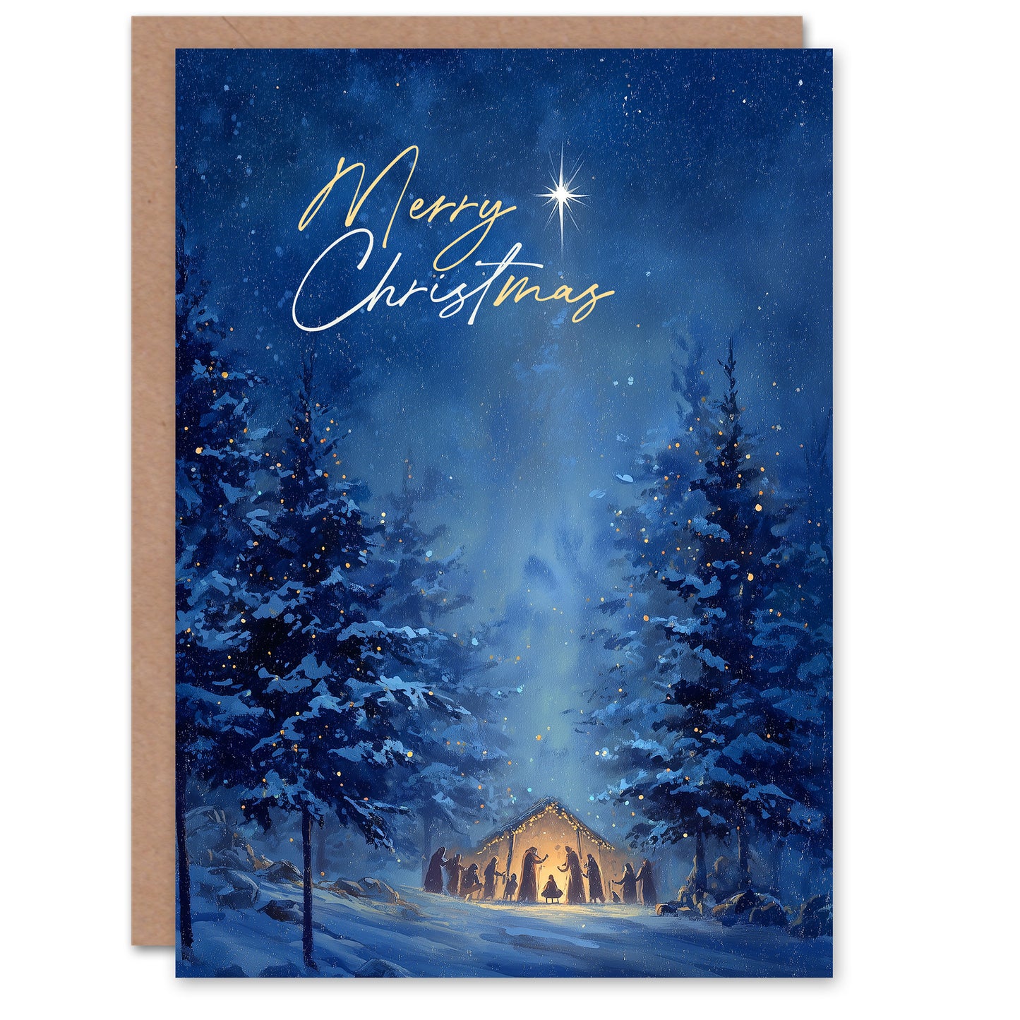 Christmas Card Nativity Scene in Snowy Winter Pine Tree Forest