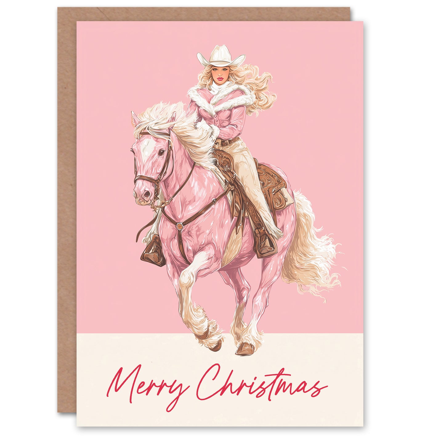 Christmas Card Blonde Cowgirl Riding Horse Baby Pink Theme