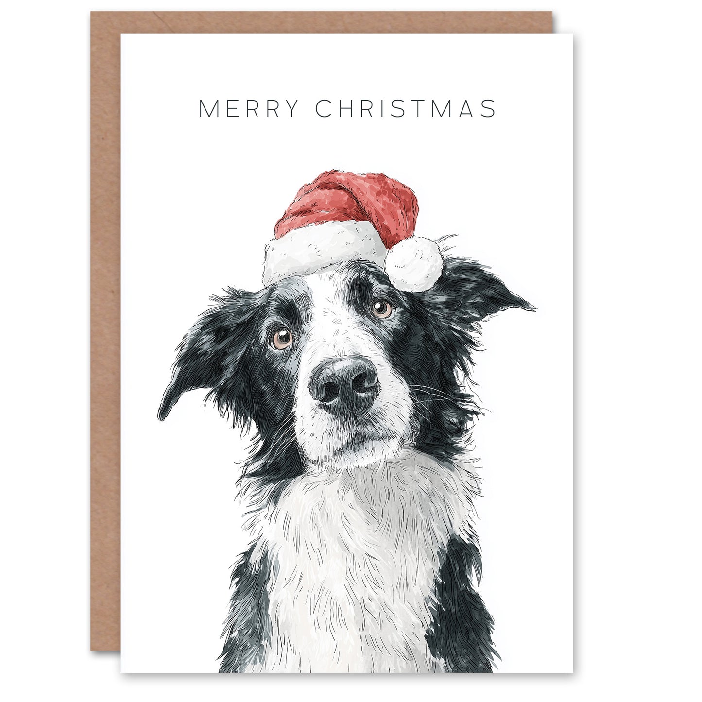 Christmas Card Cute Collie Dog Wearing Santa Hat Watercolour