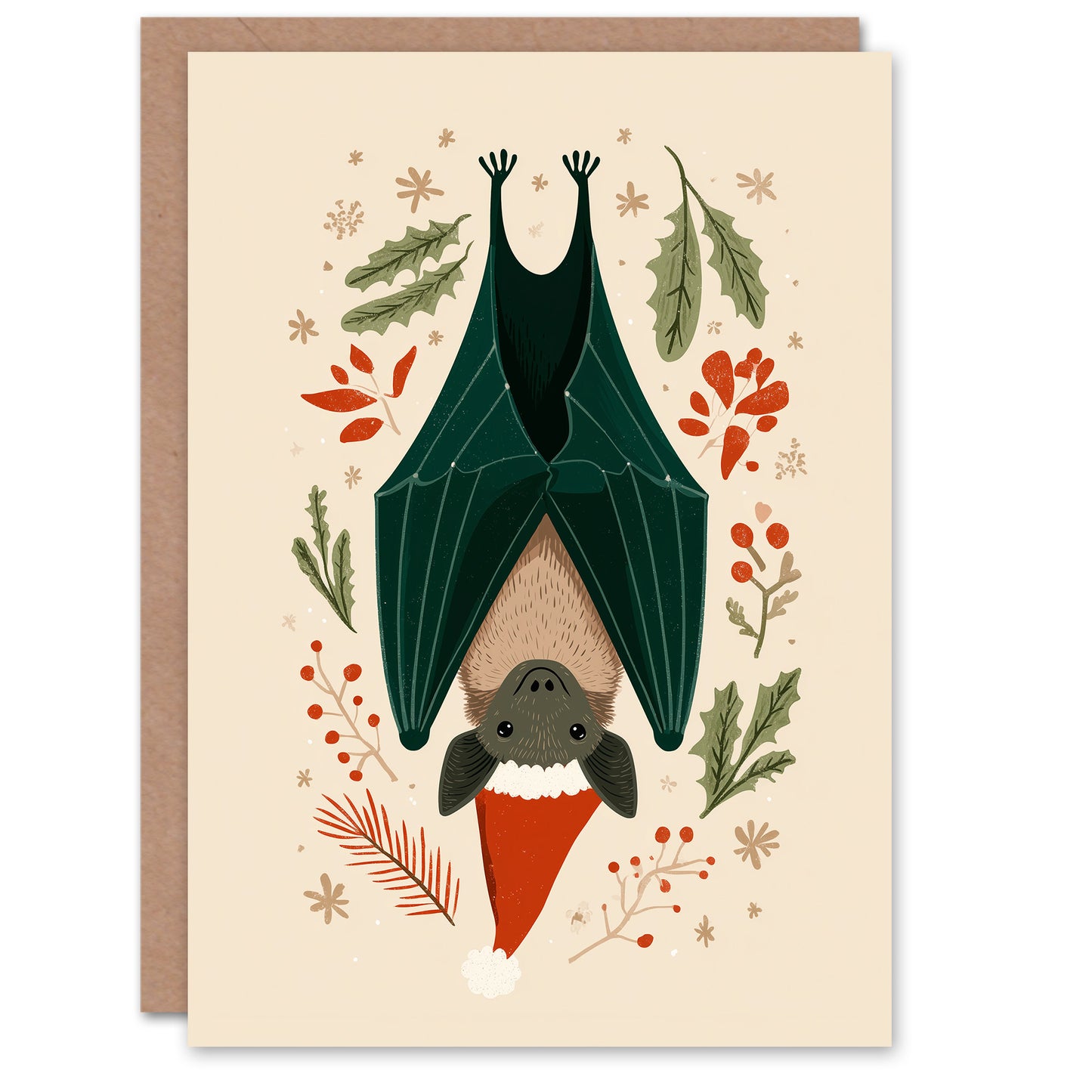 Christmas Card Upside Down Bat in Santa Hat With Holly and Pine