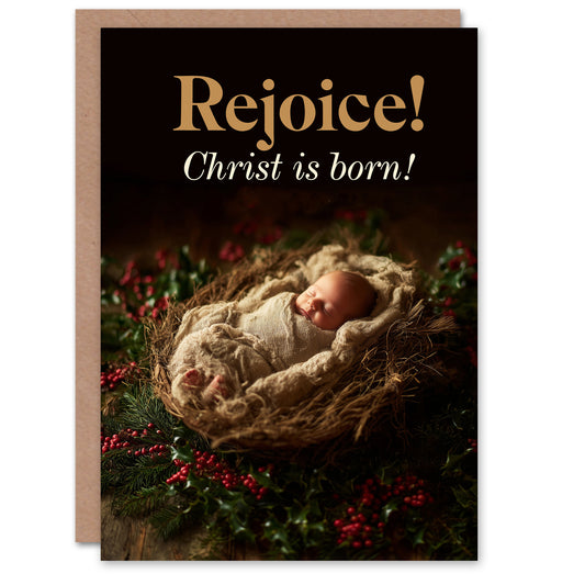 Christmas Card Rejoice Christ is Born Baby Jesus Holly and Pine