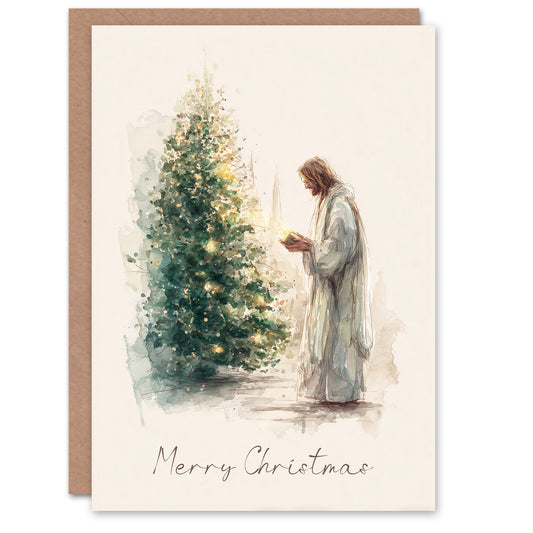 Christmas Card Christ Reading by Christmas Tree Watercolour