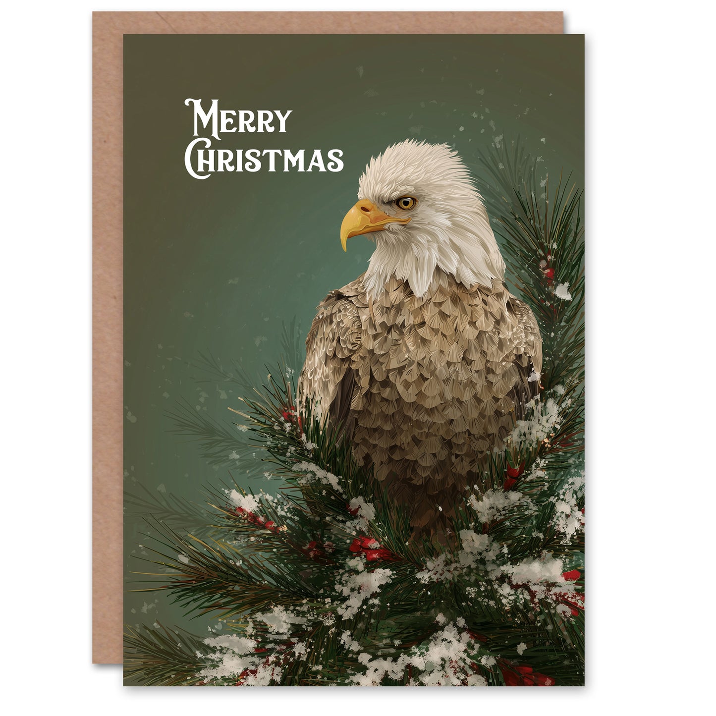 Christmas Card Bald Eagle on Top of Snow Capped Tree