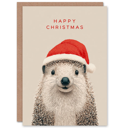 Christmas Card Adorable Hedgehog Wearing a Santa Hat