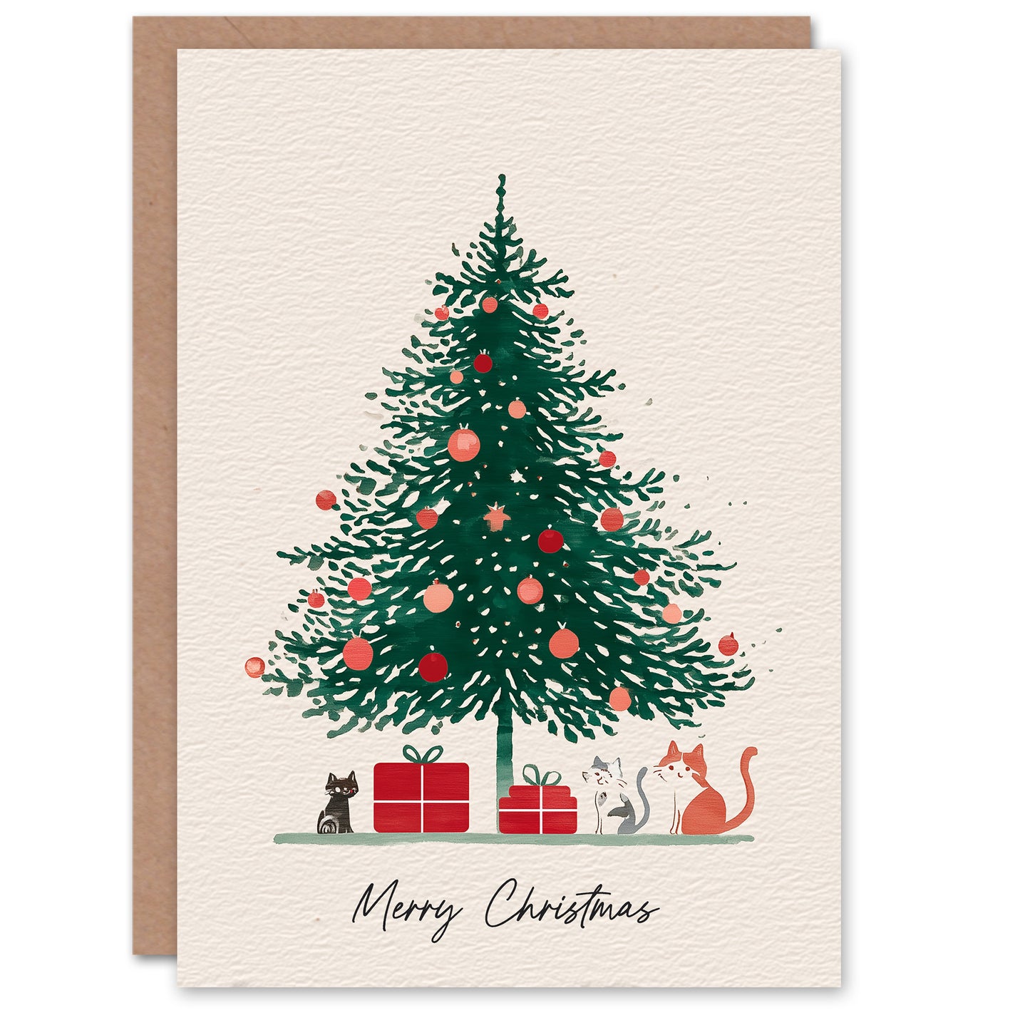 Christmas Card Christmas Tree Kittens and Presents Watercolour