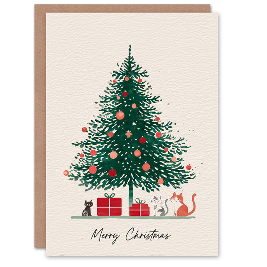Christmas Card Christmas Tree Kittens and Presents Watercolour