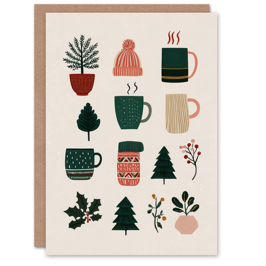 Christmas Card Hot Cocoa Tree Holly Hats Cosy Festive Assemblage