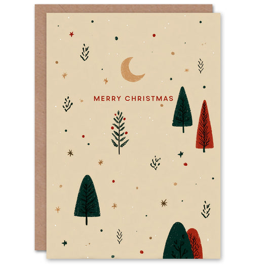 Christmas Card Crescent Moon Stars Pine Trees Minimalist Design
