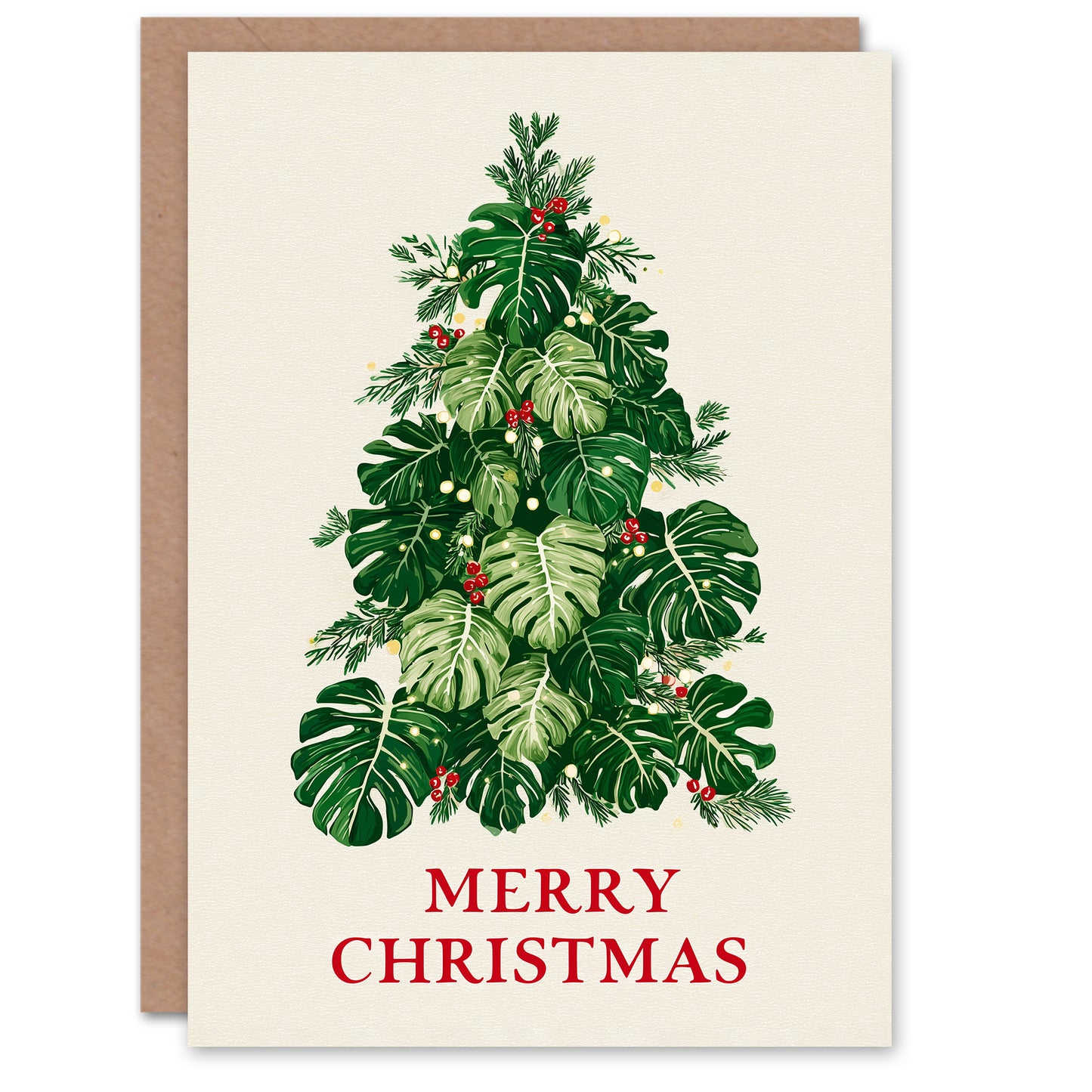 Christmas Card Holly Pine and Monstera Plant Festive Tree