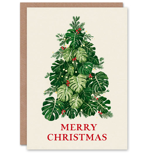 Christmas Card Holly Pine and Monstera Plant Festive Tree