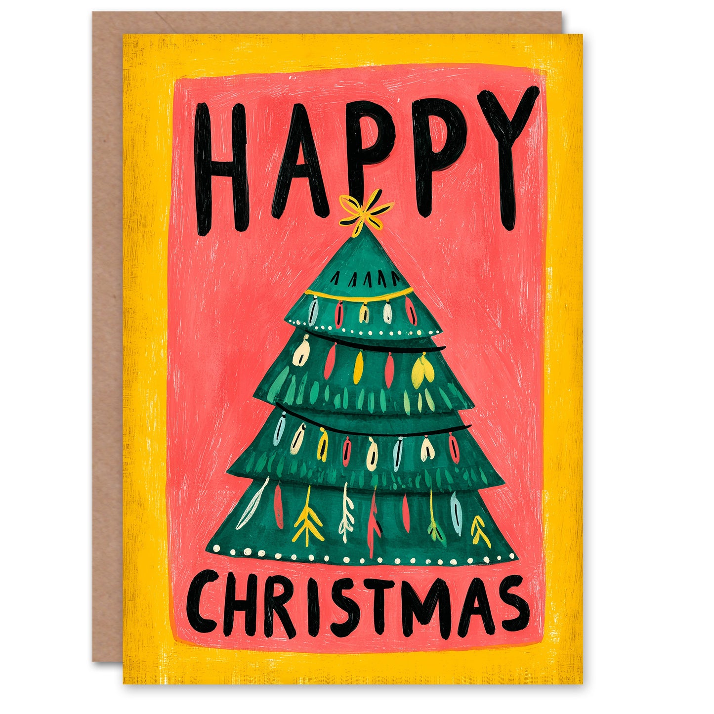 Christmas Card Decorated Tree Simple Colourful Retro Style