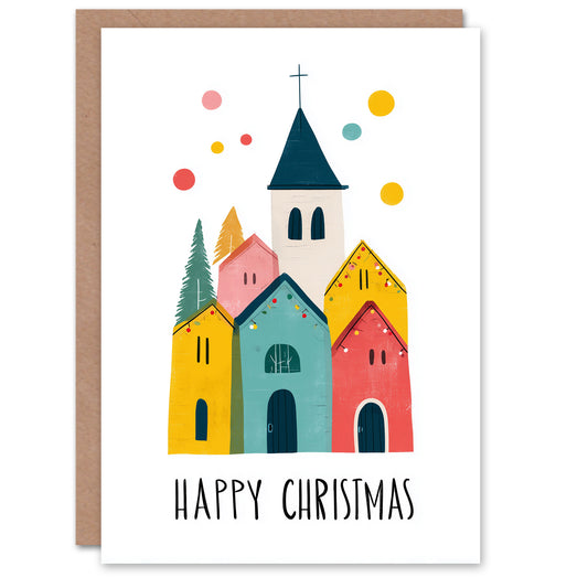 Christmas Card Simple Colourful Church Minimalist Townscape