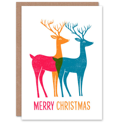 Christmas Card Two Reindeer Simple Bright Colourful