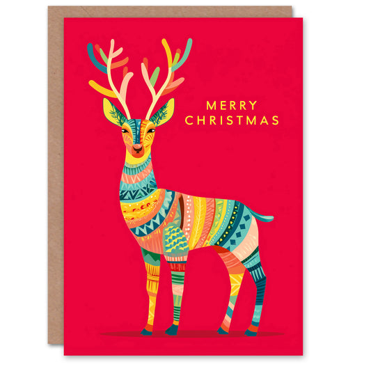 Christmas Card Bright Colourful Vibrant Pattern Reindeer