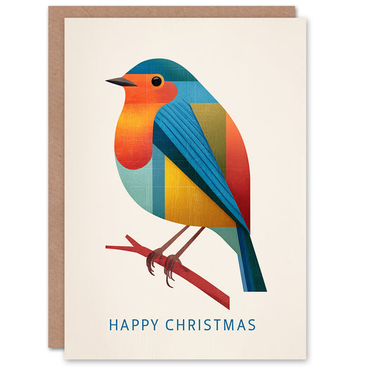 Christmas Card Colourful Geometric Robin Bird On Branch