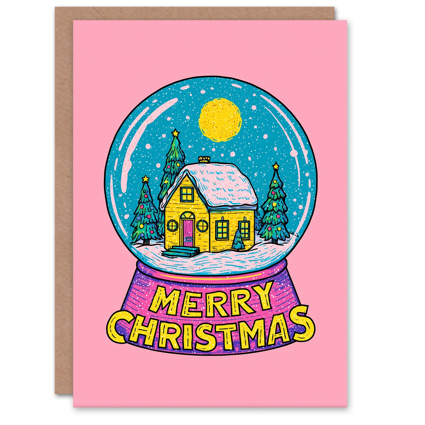 Christmas Card Cabin and Decorated Trees Colourful Snow Globe