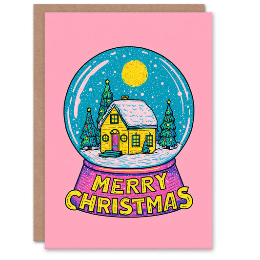 Christmas Card Cabin and Decorated Trees Colourful Snow Globe