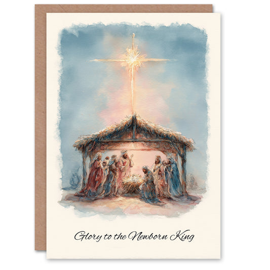 Christmas Card Nativity Scene Glory To Newborn King Watercolour