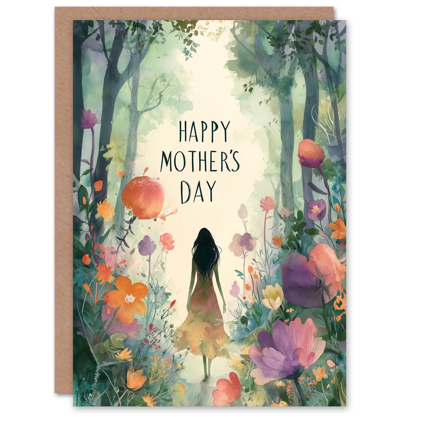 Happy Mother's Day Card For Mum Forest & Flowers Watercolour Blank Inside