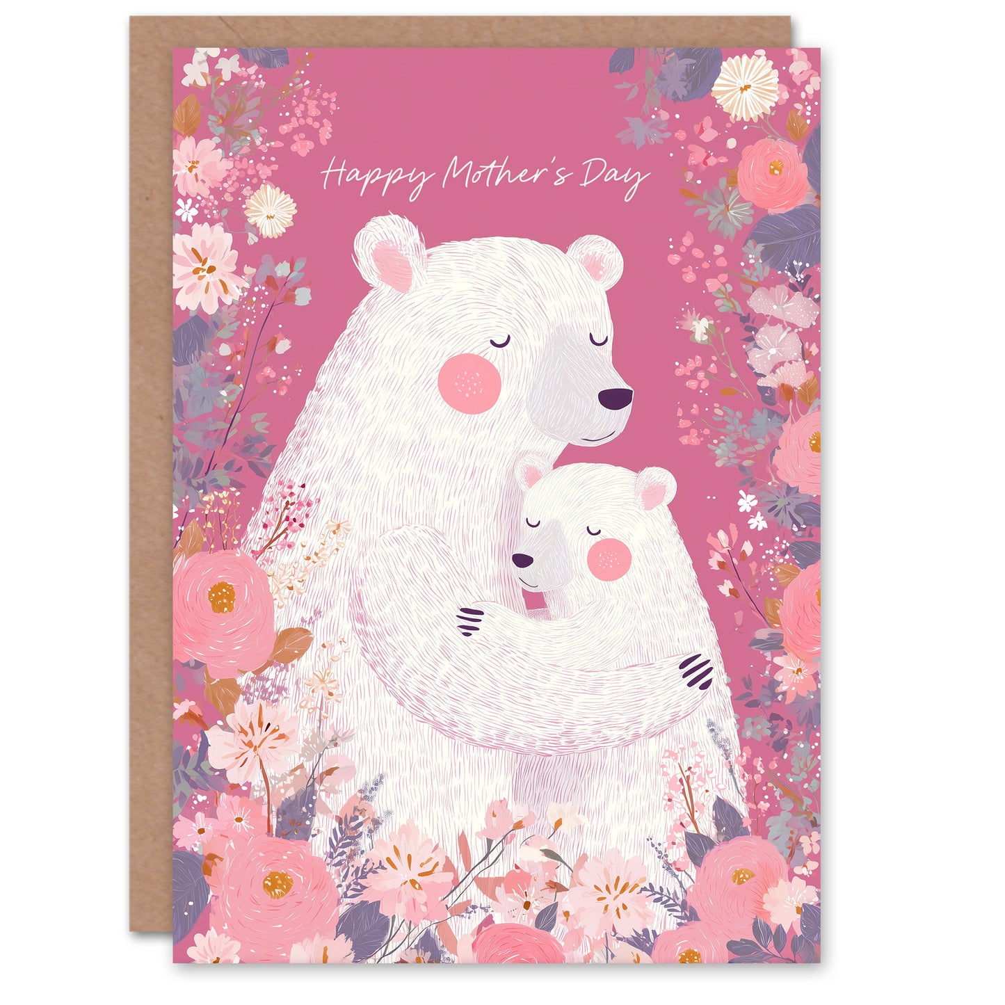 Happy Mother's Day Card For Mum Floral Polar Bears Pink Cute Blank Inside