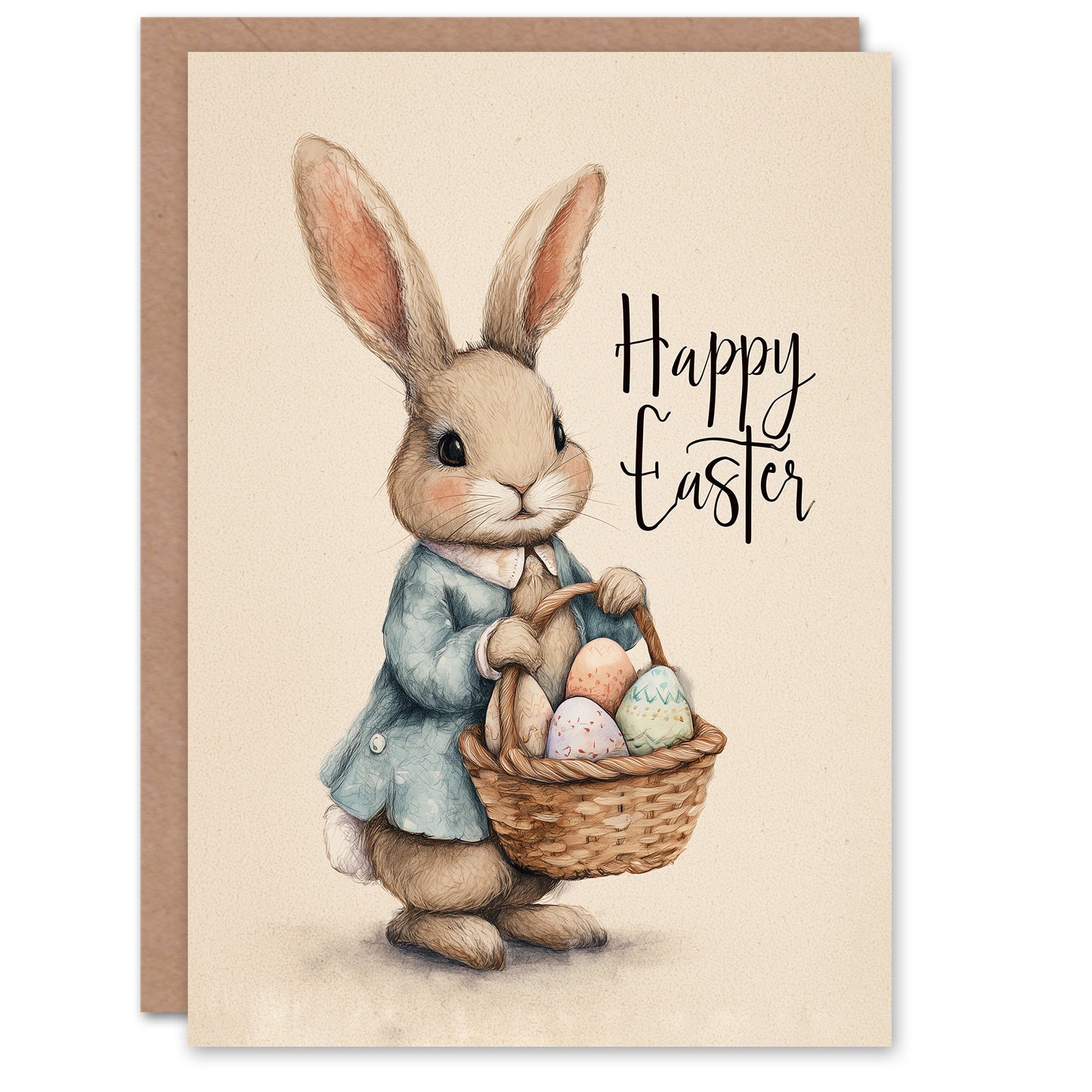 Happy Easter Greeting Card – Adorable Bunny with Egg Basket, Blank Inside