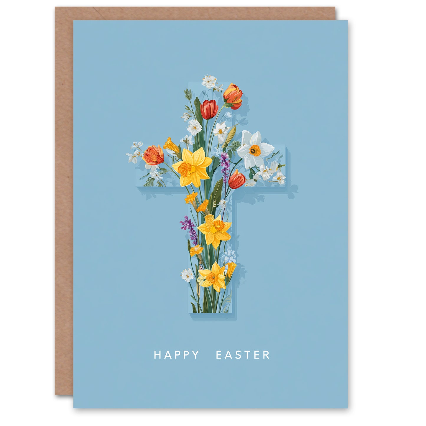 Happy Easter Greeting Card – Christian Flower Cross, Blank Inside