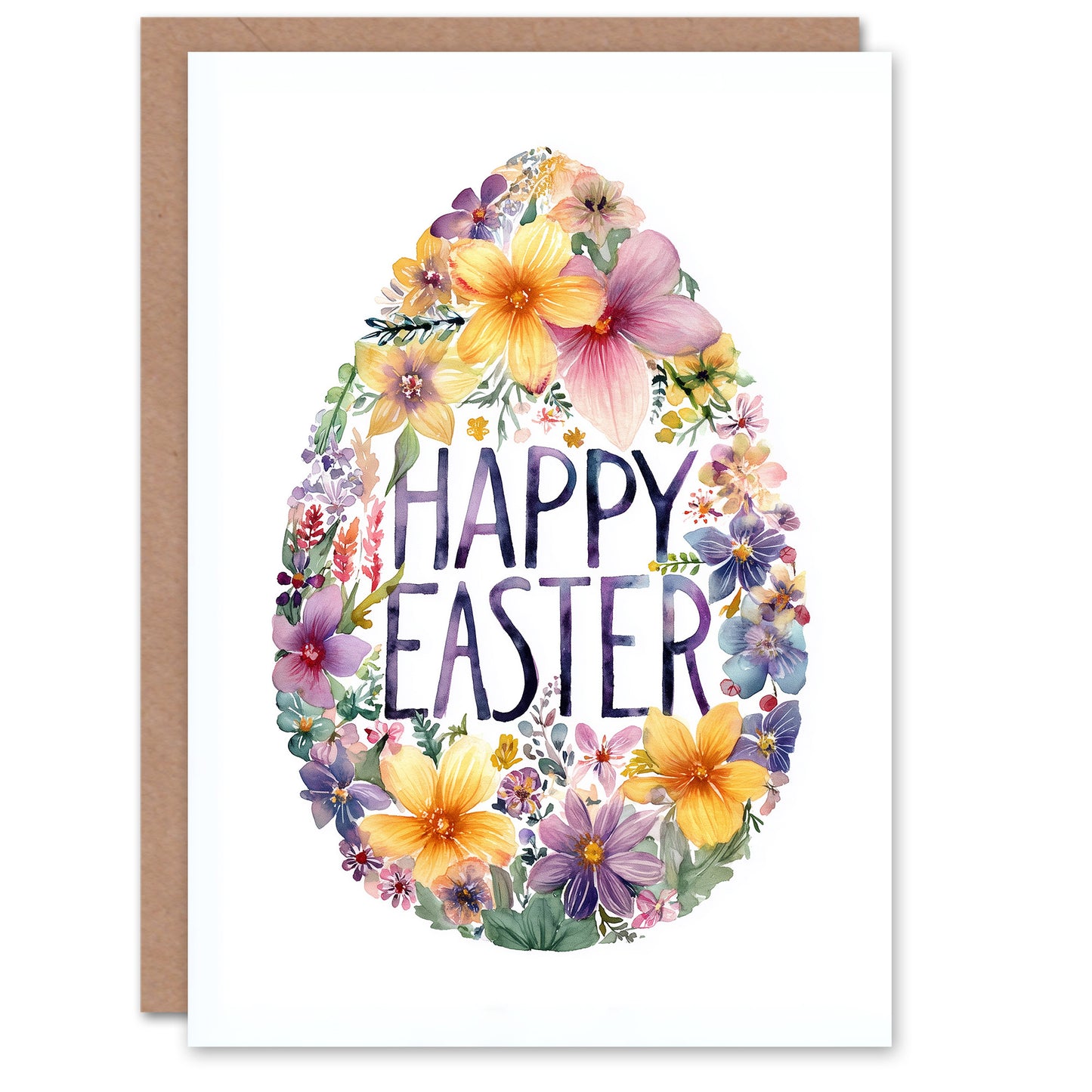 Happy Easter Greeting Card – Watercolour Flower Egg, Blank Inside