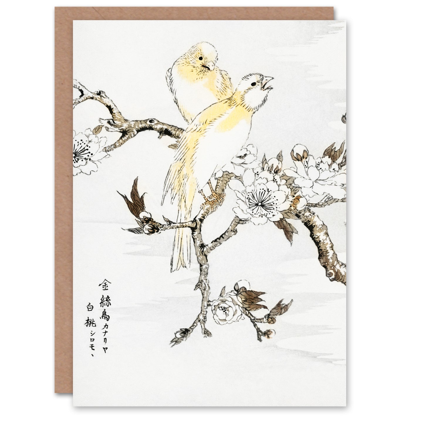 Numata Kashu Canary and Peach Tree Flowers Japanese Greetings Card