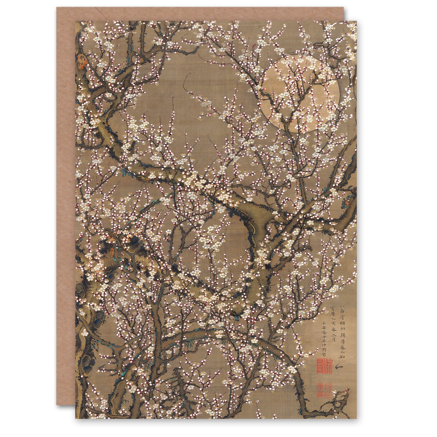 Ito Jakuchu White Plum Blossoms and Moon Japanese Greetings Card