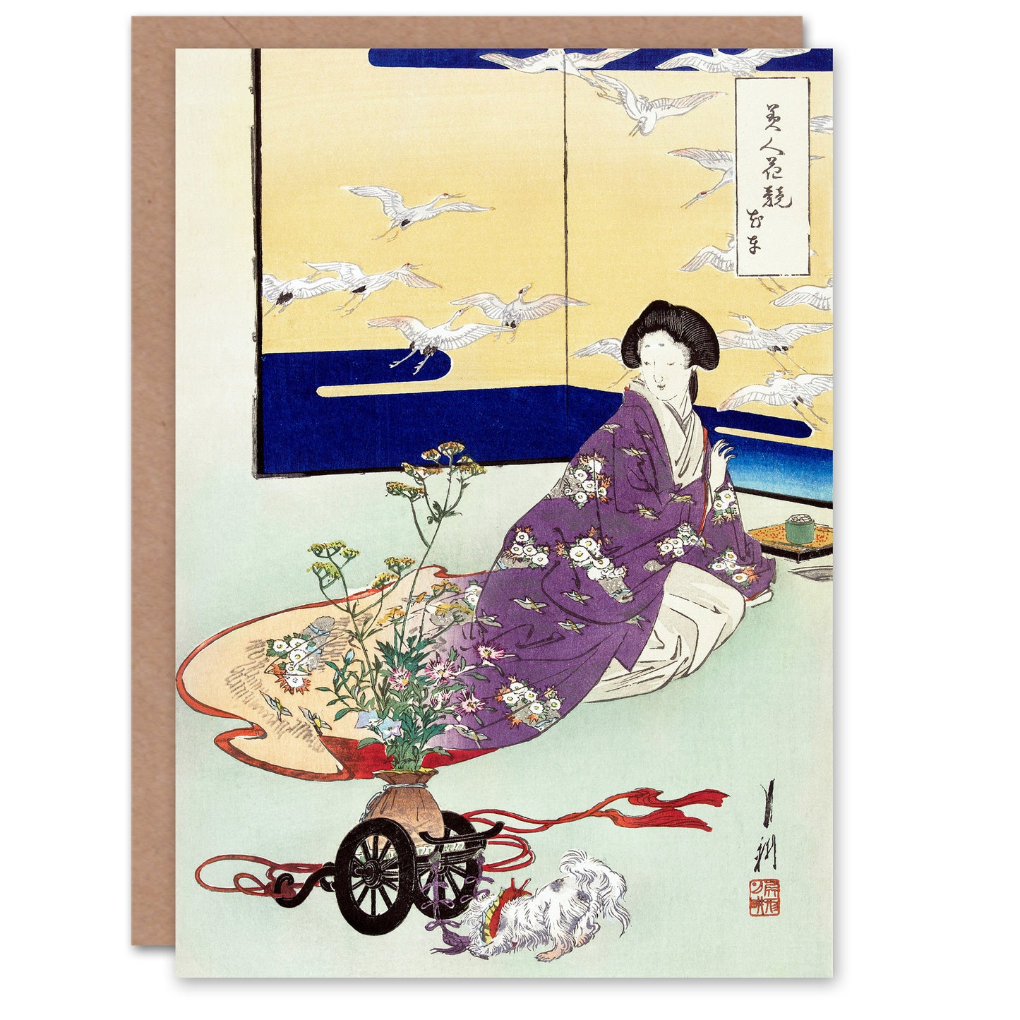 Ogata Gekko Japanese Pet Dog Playing With Flower Cart Greetings Card