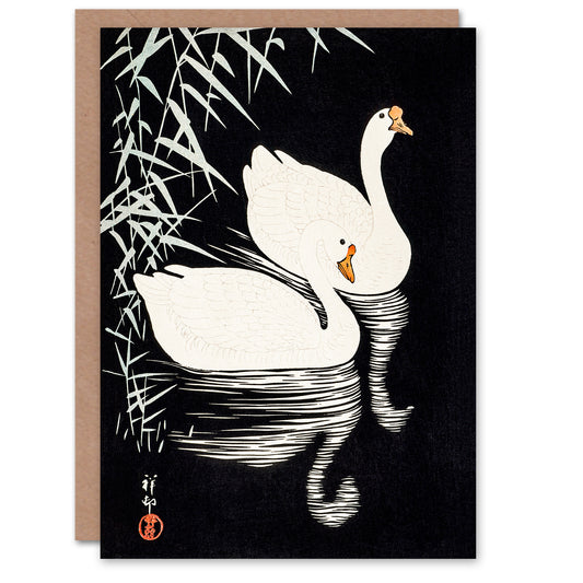 Ohara Koson Japanese Geese Swimming By Reeds Greetings Card