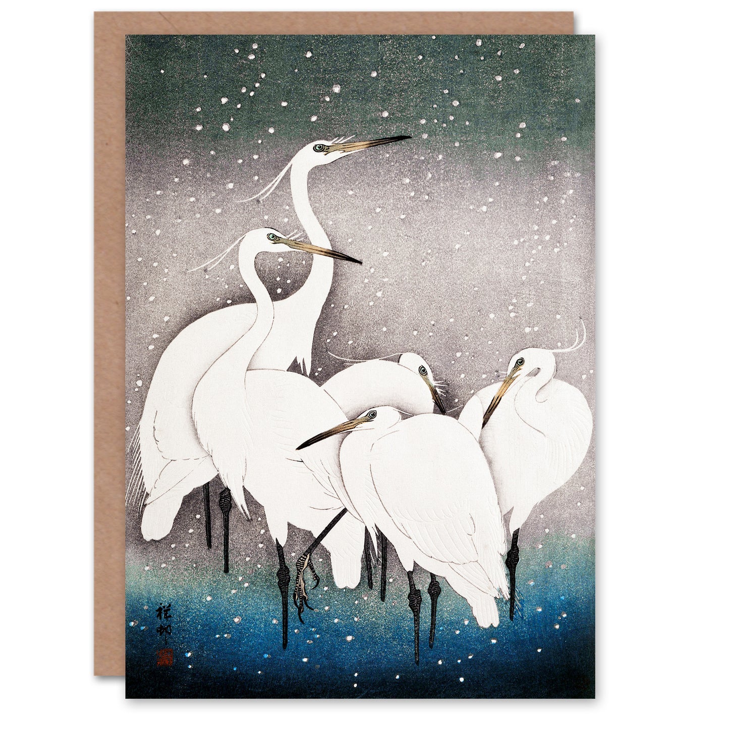 Ohara Koson Japanese Group Of Egrets in Falling Snow Greetings Card