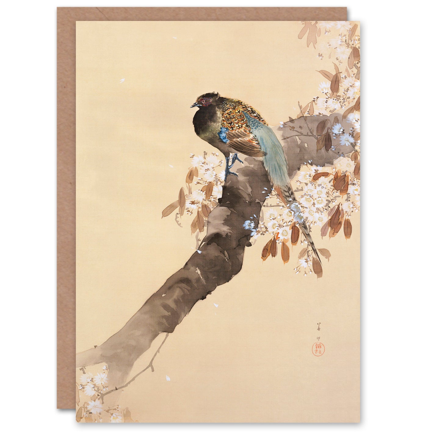 Ohara Koson Japanese Pheasant On Cherry Blossom Branch Greetings Card