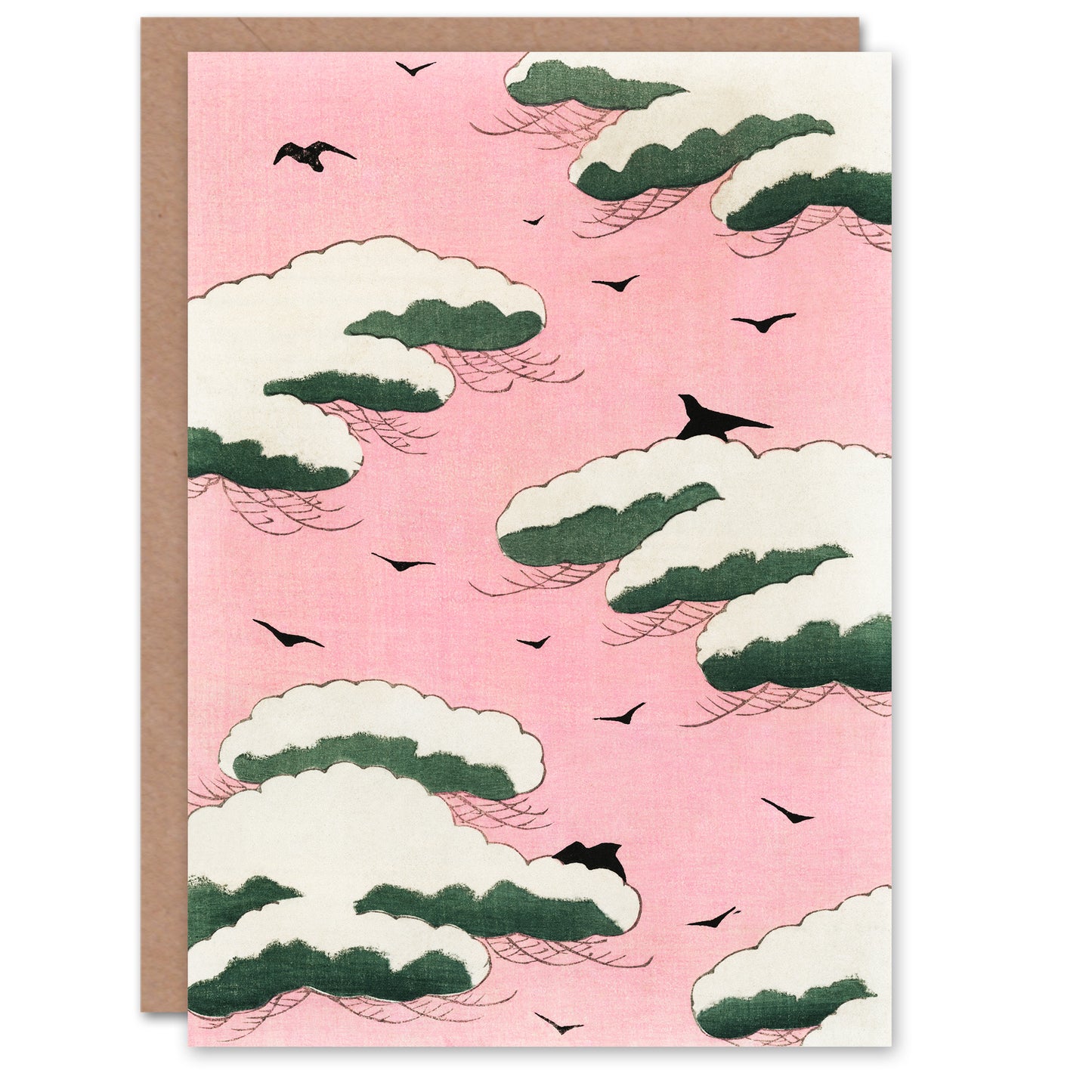 Shin Bijutsukai Japanese Pink Sky With Clouds and Birds Greetings Card