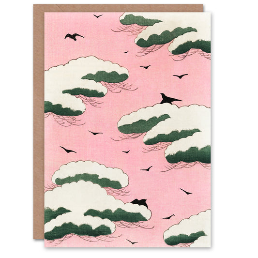 Shin Bijutsukai Japanese Pink Sky With Clouds and Birds Greetings Card