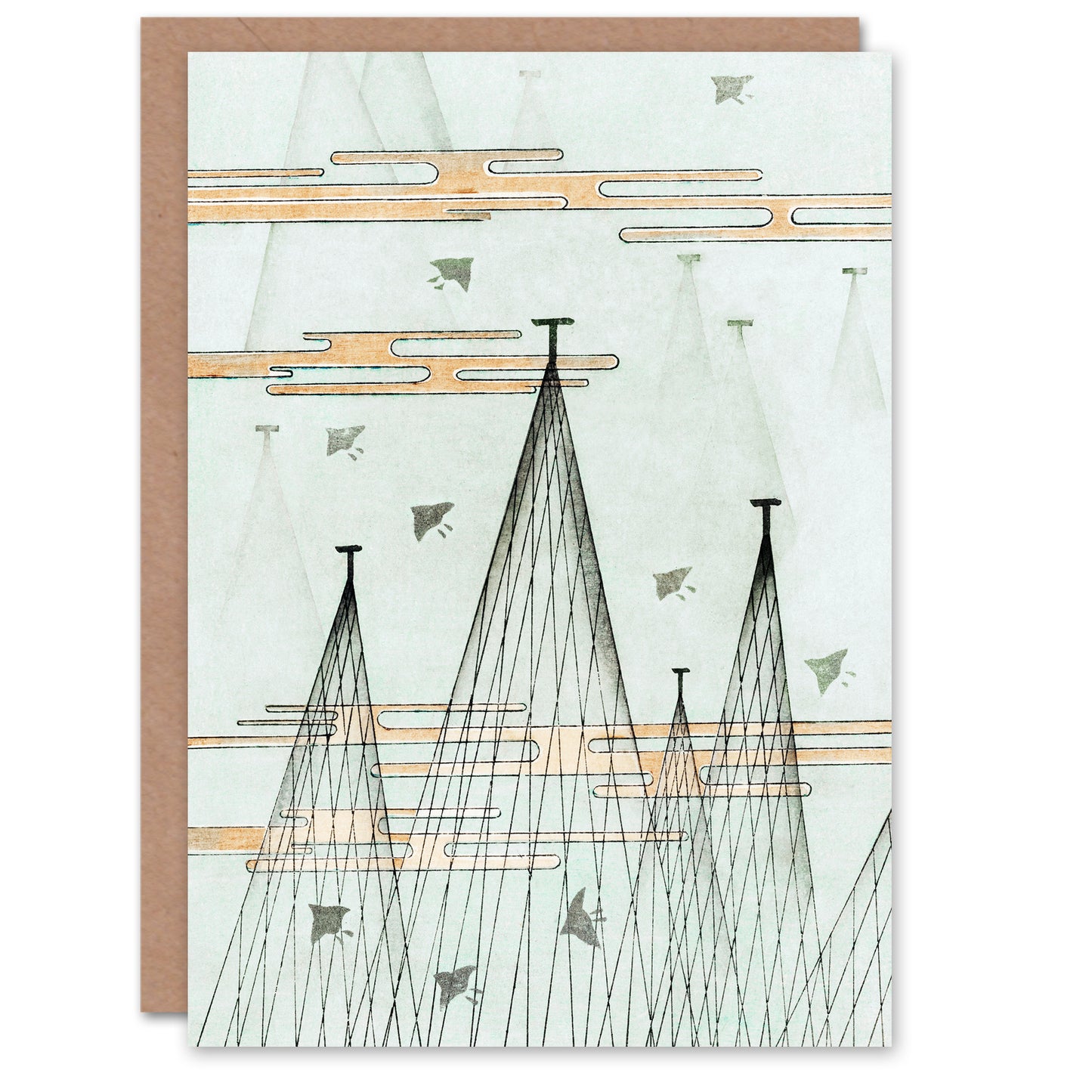Shin Bijutsukai Japanese Skyscape With Birds Flying Greetings Card