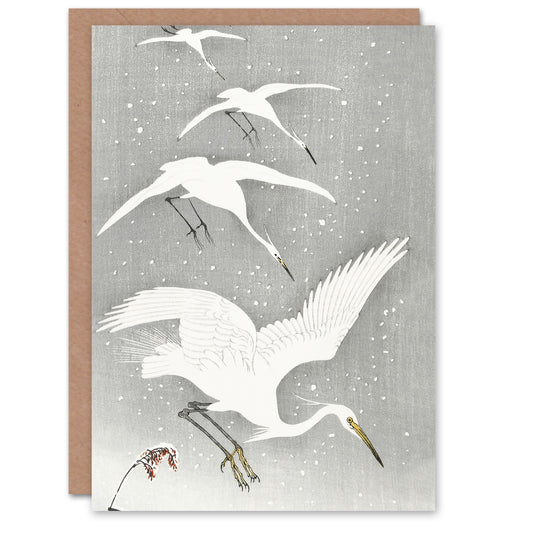 Ohara Koson Descending Egrets In Snow Vintage Greetings Card