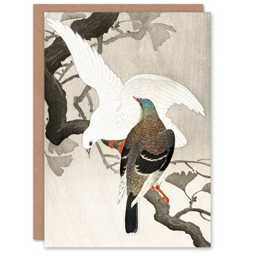 Ohara Koson Two Pigeons On A Ginkgo Tree Branch Greetings Card
