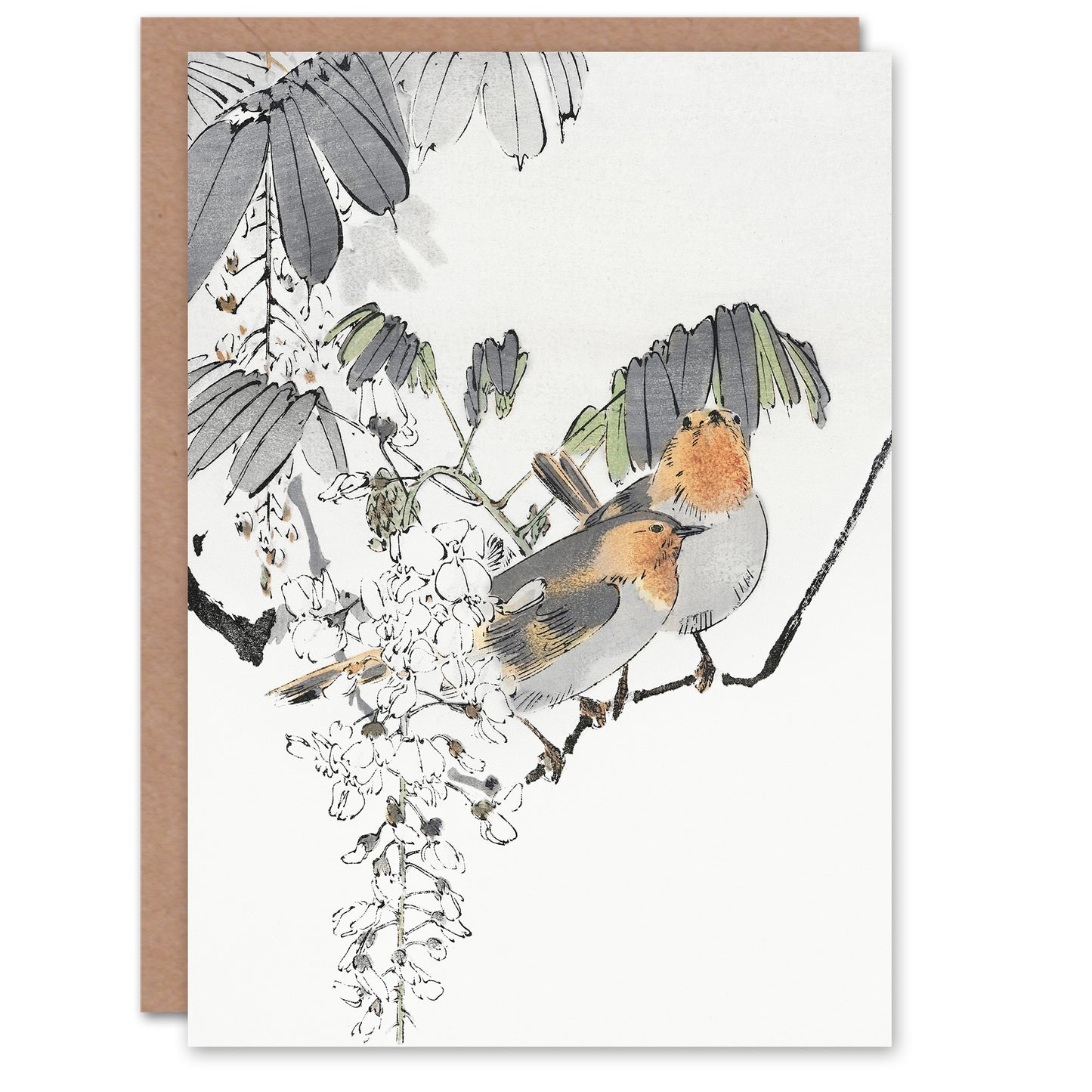 Watanabe Seitei Sparrows Perched On Branch Greetings Card