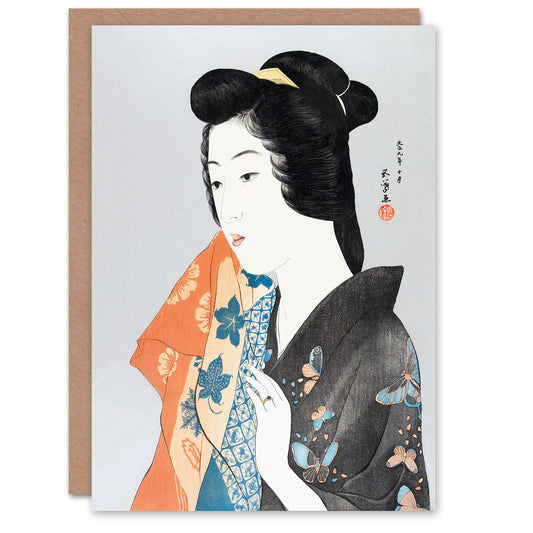 Goyo Hashiguchi Woman With Hand Towel Portrait Greetings Card