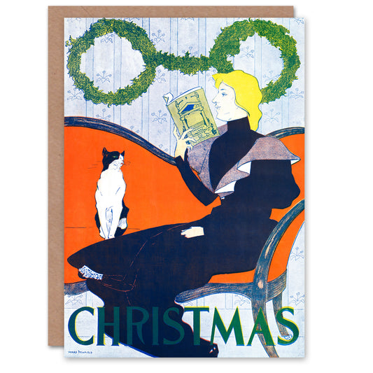Edward Penfield Vintage Christmas Woman With Cat Greetings Card
