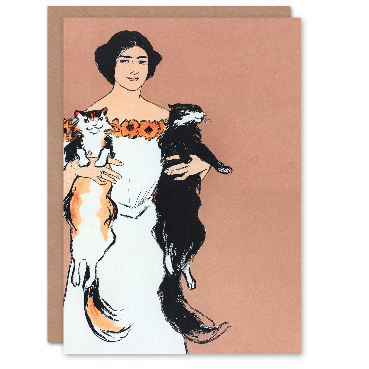 Edward Penfield Woman Holding Two Cats Drawing Greetings Card