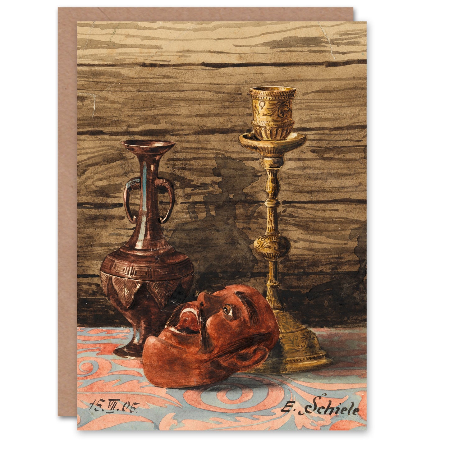 Egon Schiele Candlestick Vase and Mask Still Life Greetings Card