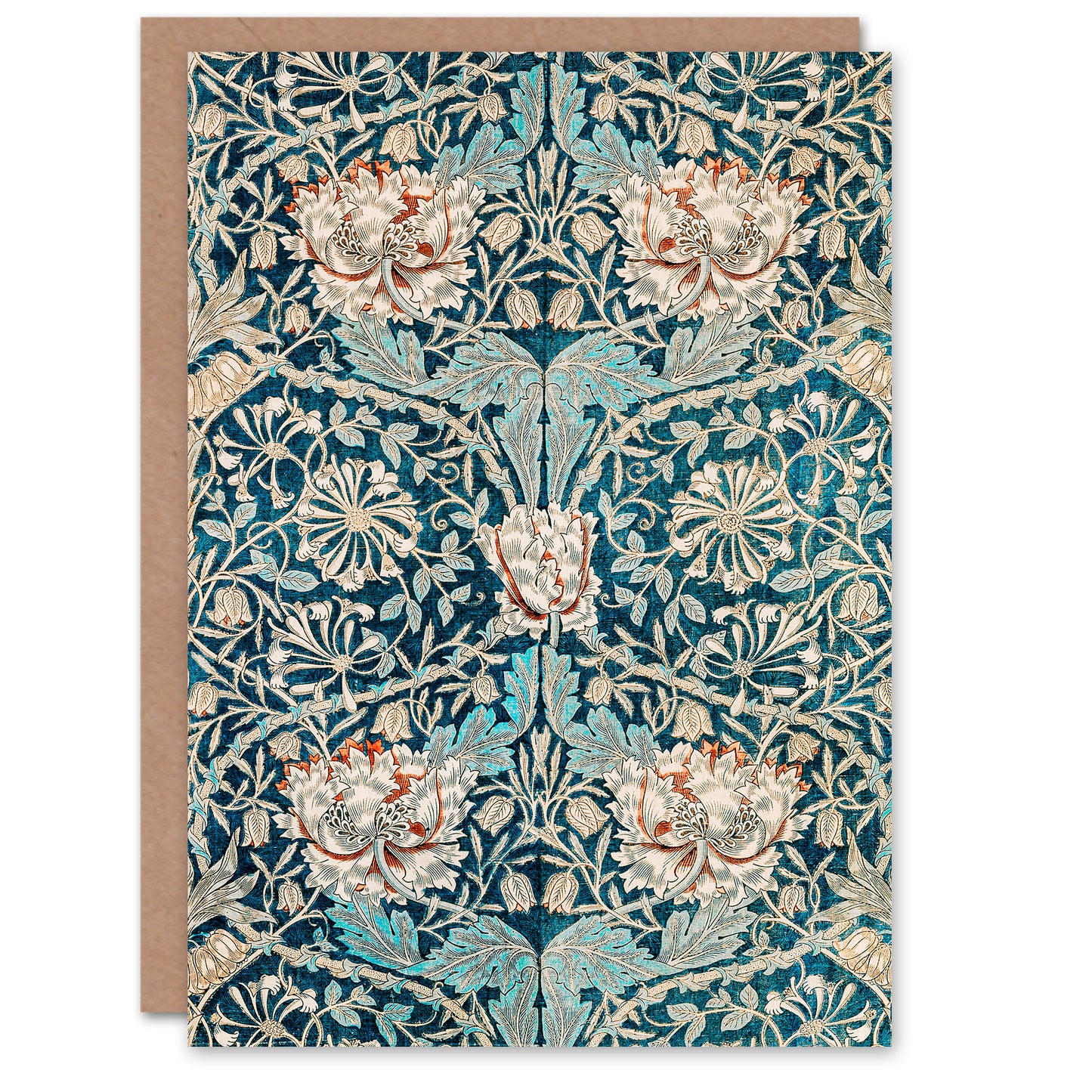 William Morris Honeysuckle Pink Blue Pattern Greetings Card