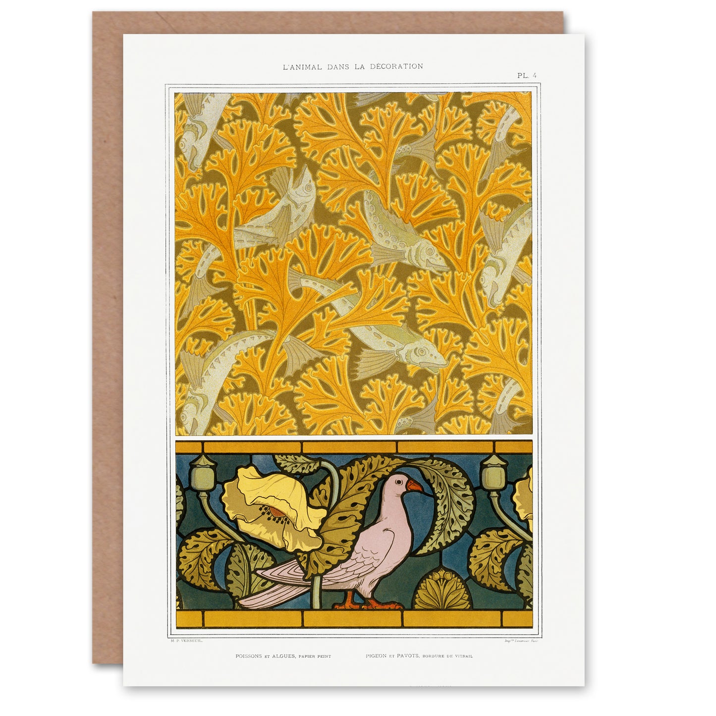 Maurice Pillard Verneuil Poppy Pigeon and Coral Fish Patterns Greetings Card