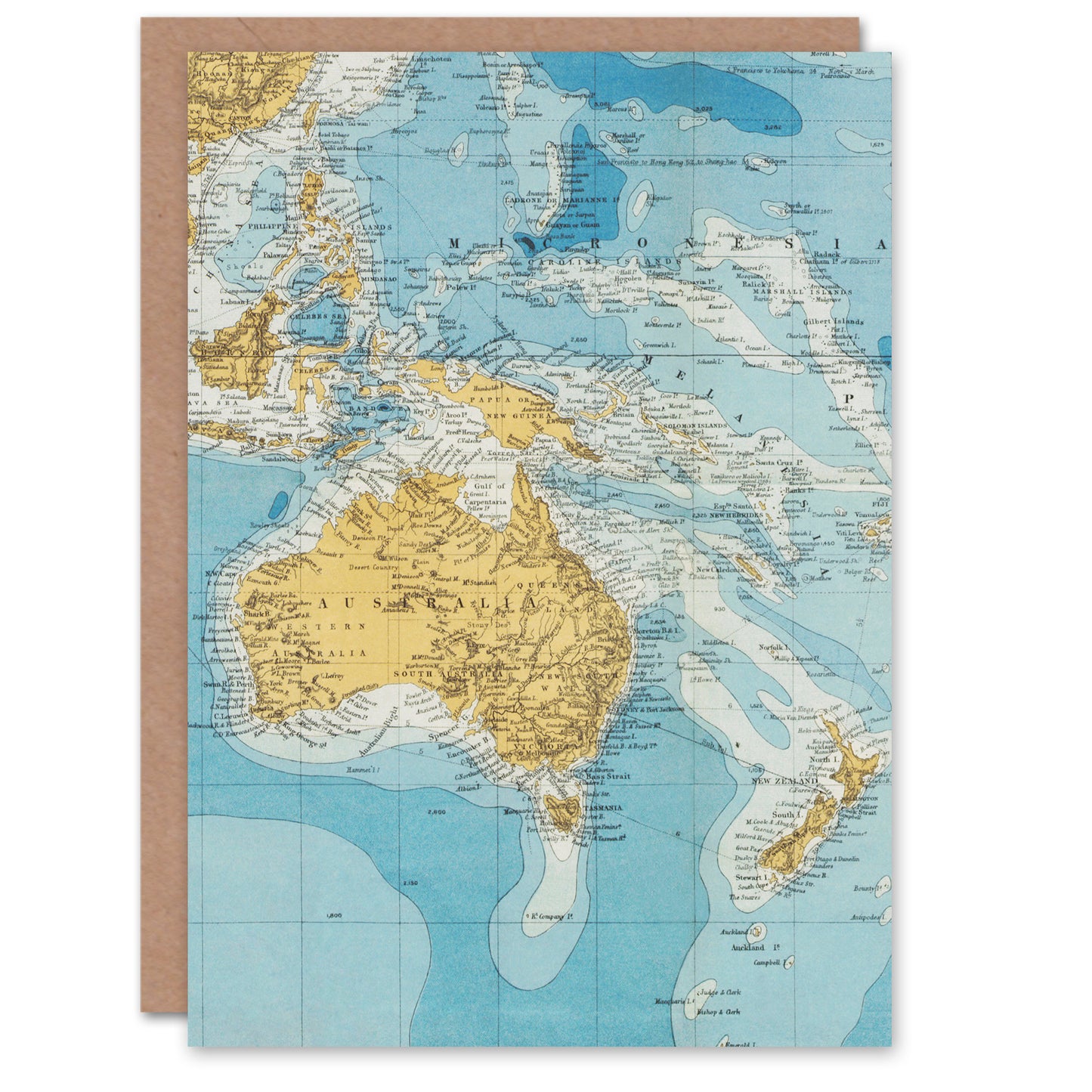Edward Stanford Art Card Australasia Vintage Bathymetric Map
