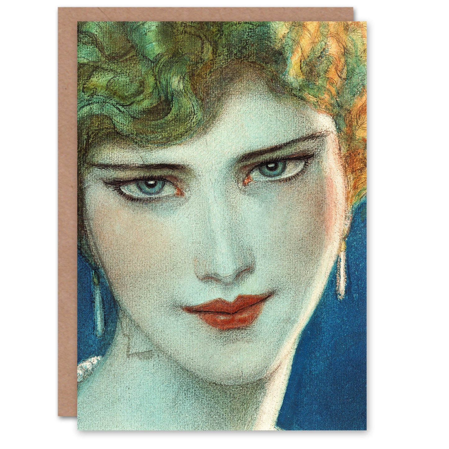 W T Benda Art Card Face of Blonde Girl with Earrings Painting