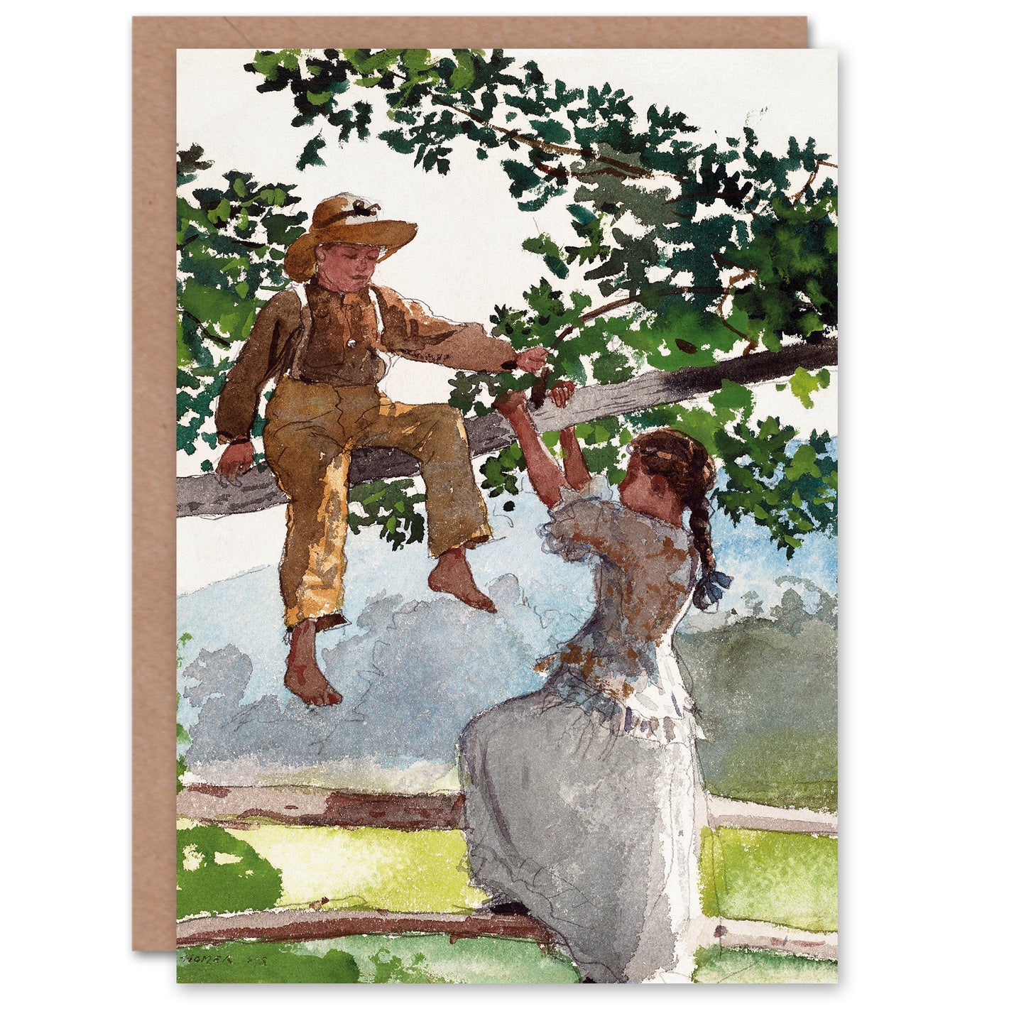 Winslow Homer Art Card On the Fence Children Watercolour